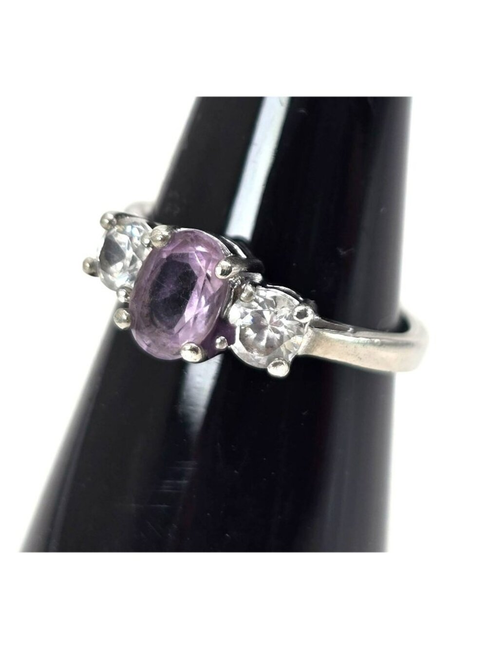 Amethyst & White Topaz Sterling Silver Ring Size 5.75 Elegant Oval Cut LI647